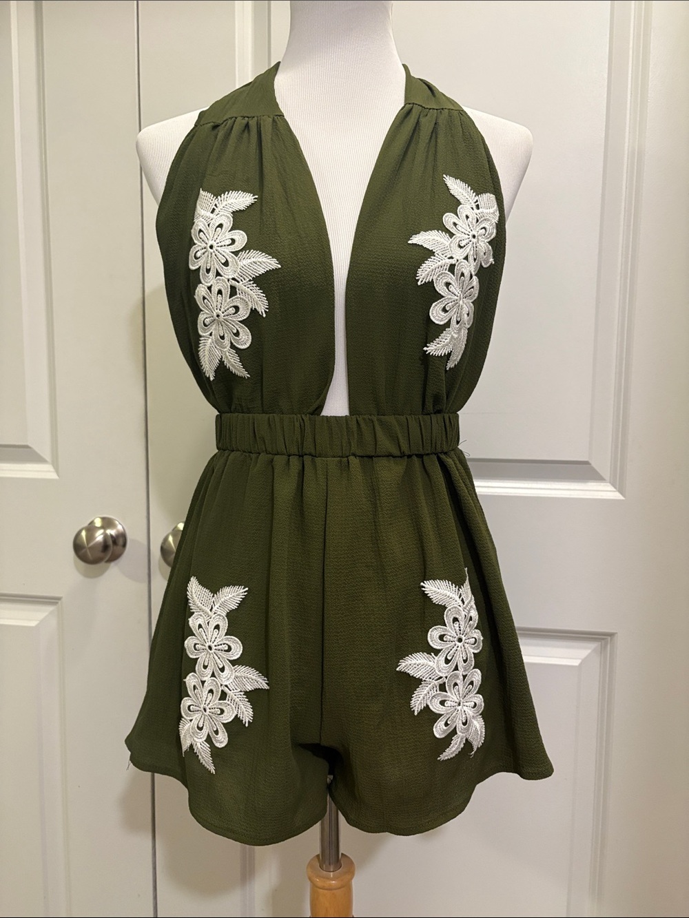 Olive Green Halter Romper with White Floral Appliqué